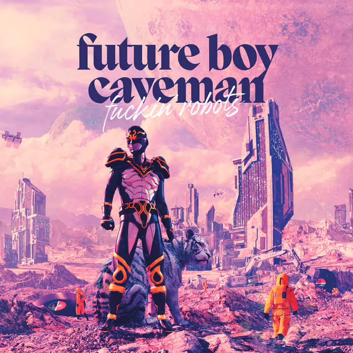 Futuristic armored figure standing next to a large tiger in a purple-hued alien cityscape with astronauts and towering buildings.