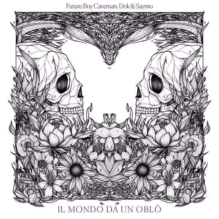 Symmetrical black and white illustration of two human skulls facing each other surrounded by intricate floral designs and leaves.