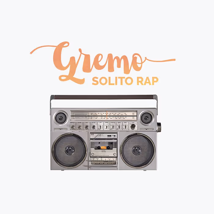 Vintage silver boombox radio with large speakers below text 'Gremo Solito Rap' in orange script and block lettering.