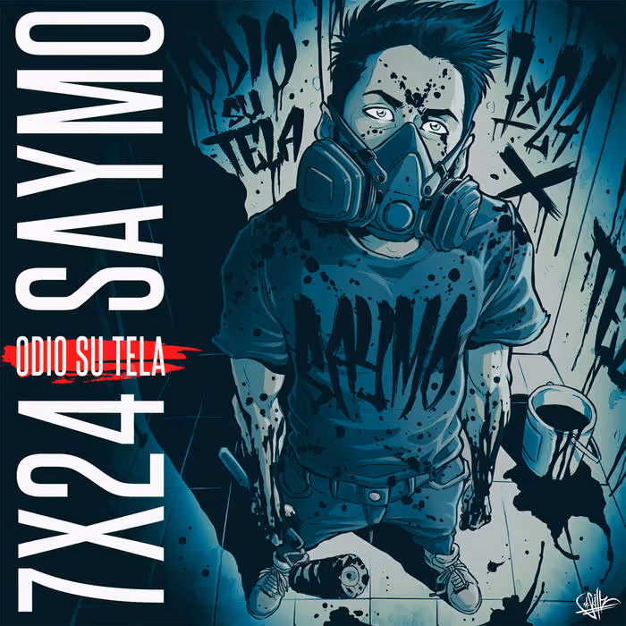 Illustration of a person wearing a gas mask and a Saymo t-shirt, standing on a tiled floor with paint splatters and a paint can nearby, with '7X24 SAYMO' and 'ODIO SU TELA' text on the left.