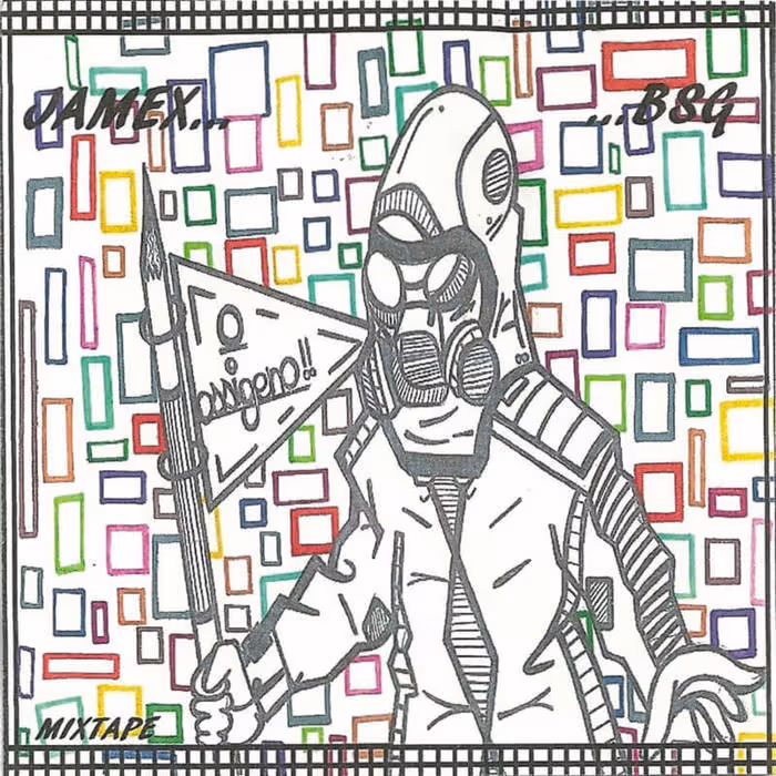 Black and white drawing of a person in a hoodie and gas mask holding a paintbrush with a flag that reads 'O ossigeno!!' against a colorful rectangular patterned background.