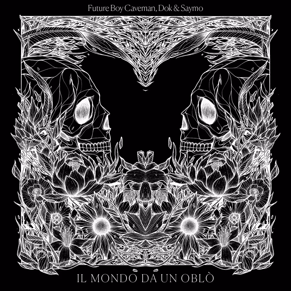 Black and white symmetrical illustration featuring two skulls surrounded by detailed flowers and foliage with text above and below.