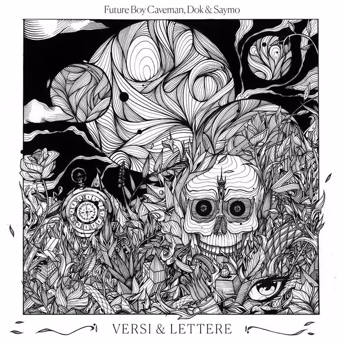 Intricate black and white illustration featuring a skull surrounded by dense foliage, flowers, an eye, a clock, and abstract swirling shapes in the background.