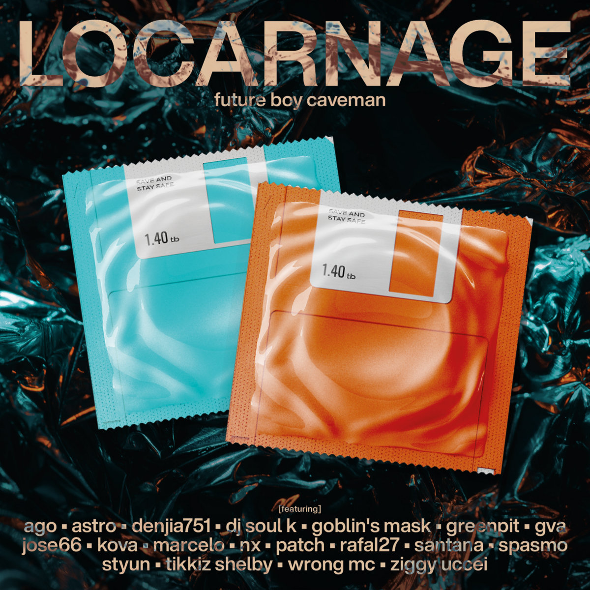 Locarnage album cover with blue and orange condom wrappers against a dark shiny background, featuring the title 'future boy caveman' and a list of featured artists.