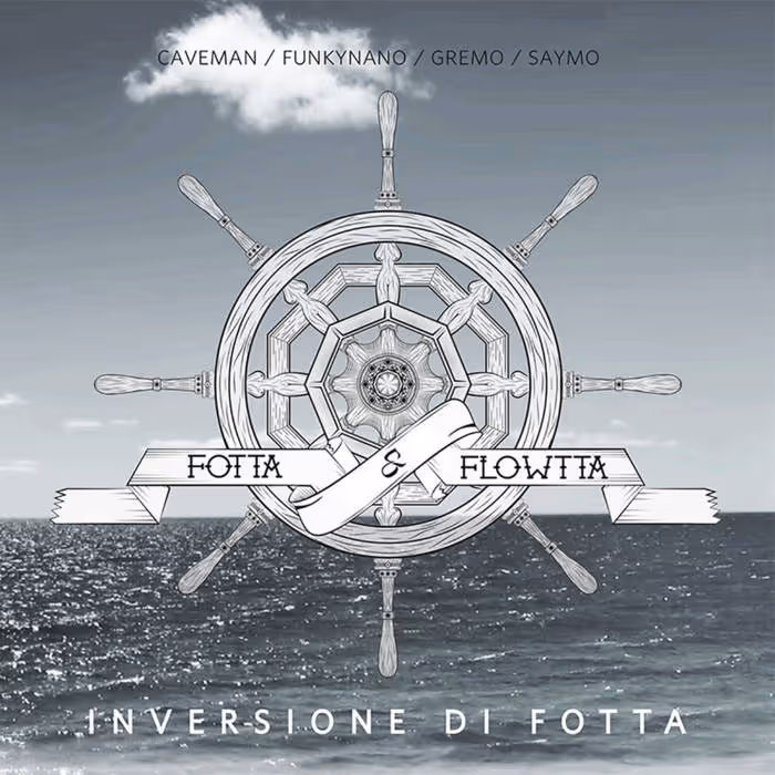 Illustration of a ship's steering wheel over a calm sea with text featuring artists' names and the title 'Inversione di Fotta'.