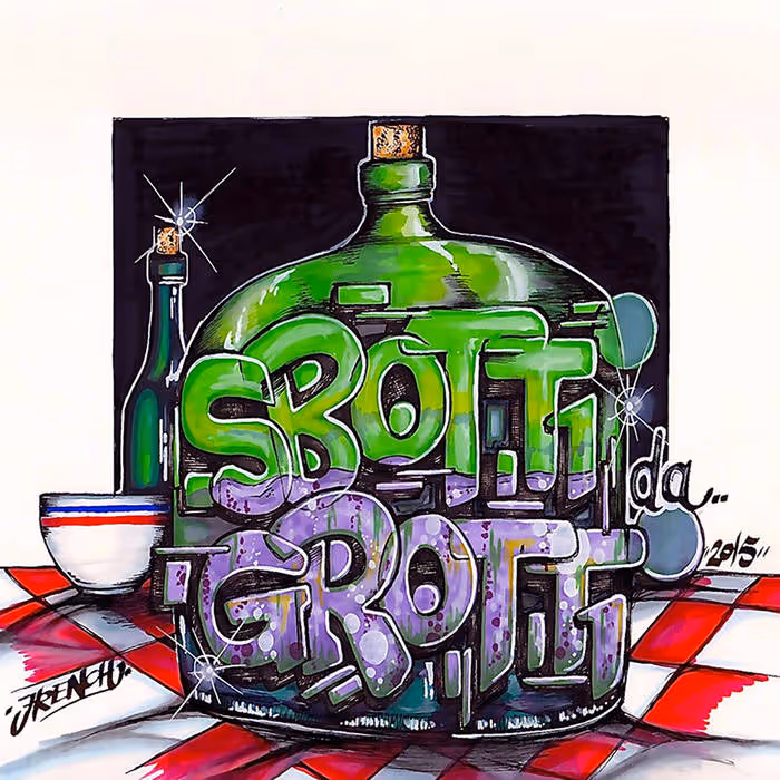 Colorful graffiti-style text 'SPOT da GROTT' painted on green and purple glass bottles with a cork stopper, placed on a tiled red and white floor with a smaller bottle and bowl in the background.