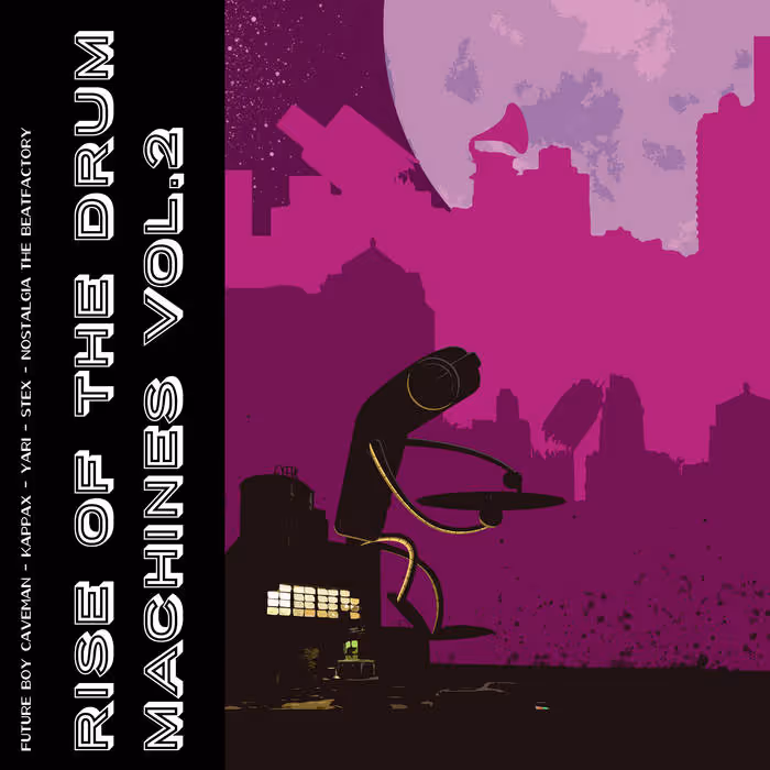 Album cover with purple city skyline under a large moon, featuring a stylized black figure playing cymbals and text 'Rise of the Drum Machines Vol. 2' on a black vertical strip.