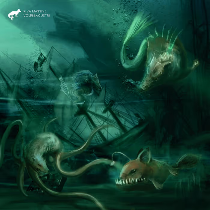 Underwater scene with shipwreck and eerie glowing sea creatures resembling fish and octopus, with a dark greenish-blue hue.