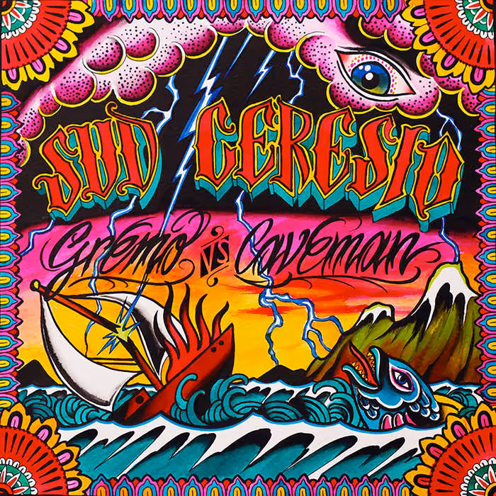 Colorful illustration with text 'Sud Ceresio' and 'Cosmo vs Caveman' featuring a ship in rough seas, a creature emerging from the water, lightning, mountains, and a large eye in a cloudy sky.