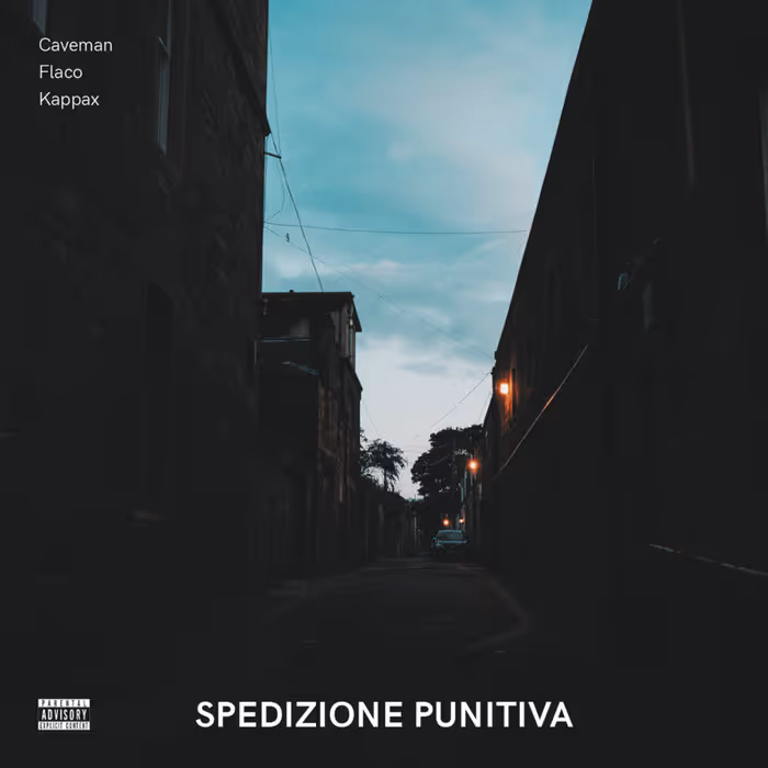 Dark narrow alley with dim street lights at dusk and 'SPEDIZIONE PUNITIVA' text at bottom.