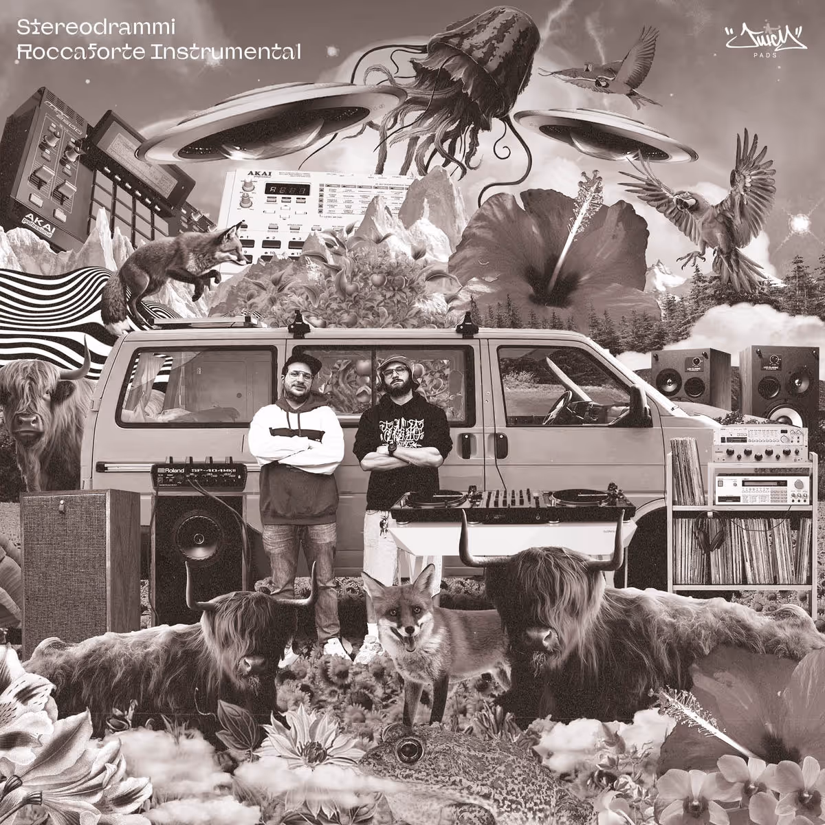 Two men standing with arms crossed in front of a van surrounded by animals, musical equipment, and surreal elements including a jellyfish with UFOs and floating speakers.