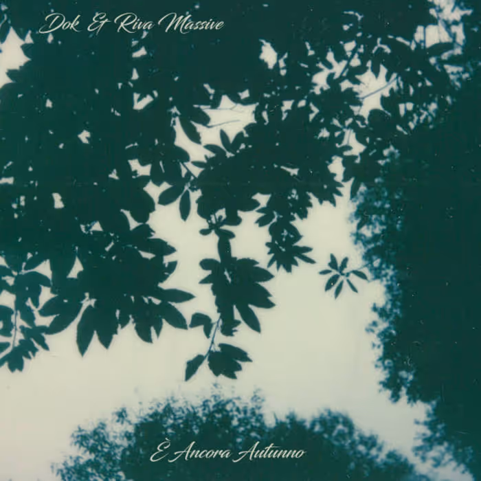 View of tree branches and leaves silhouetted against a pale sky, with text 'Dok & Riva Massive' at top and 'È Ancora Autunno' at bottom.