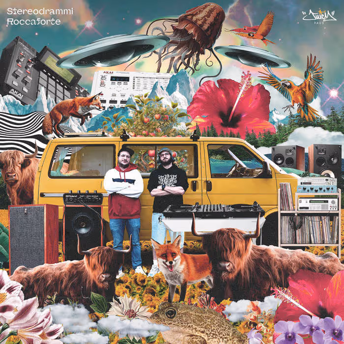 Collage with two men standing in front of a yellow van surrounded by animals, musical equipment, large flowers, and UFOs in a surreal outdoor setting.
