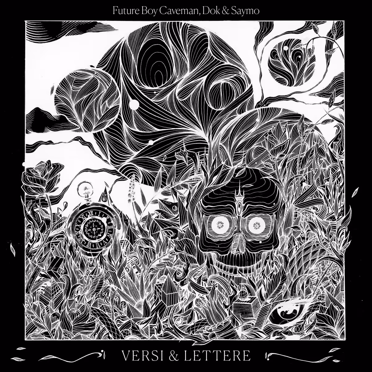 Intricate black and white artwork featuring a stylized skull, abstract planetary shapes, a clock, plants, and an eye with swirling line patterns.